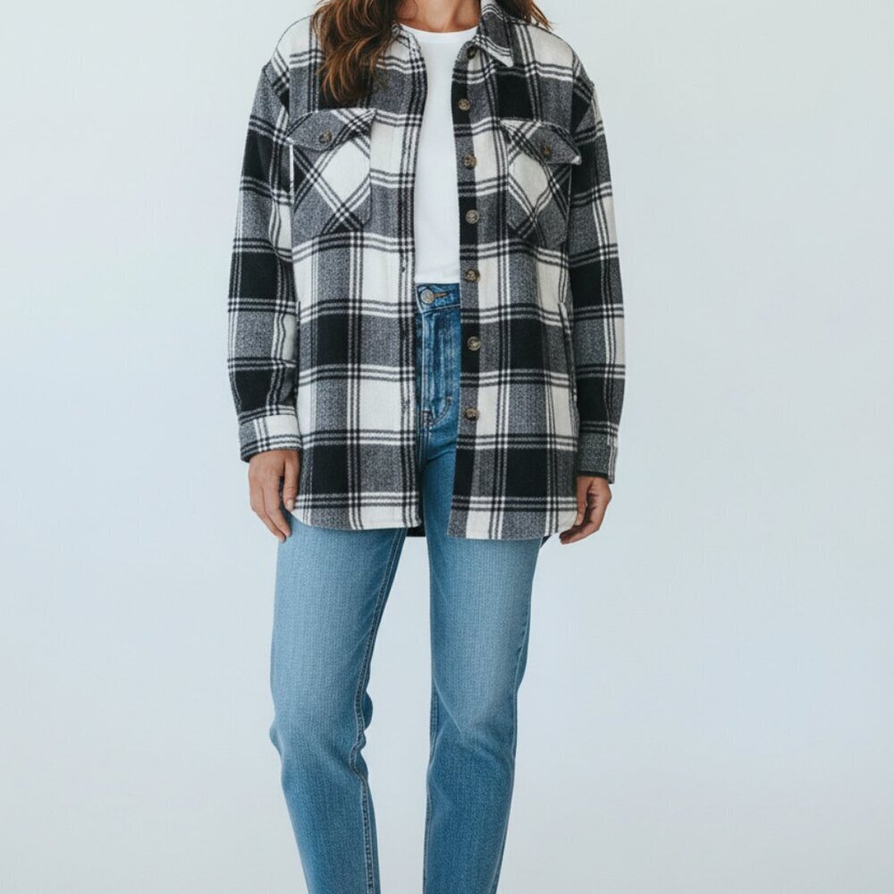 Shacket Black And White Plaid Flannel Button-Up Jacket Size XXL